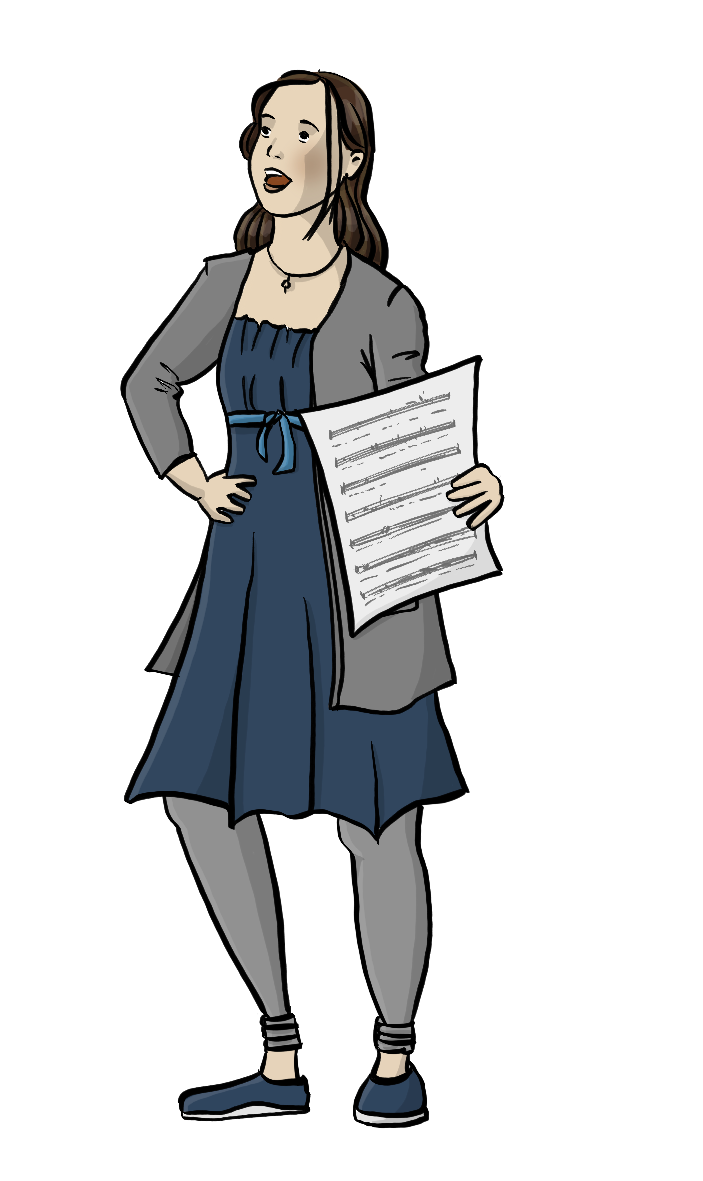 Eine junge Frau hält eine Notenblatt in der linken Hand. Die rechte Hand hat sie in die Hüfte gestemmt. Ihr Mund ist weit geöffnet.