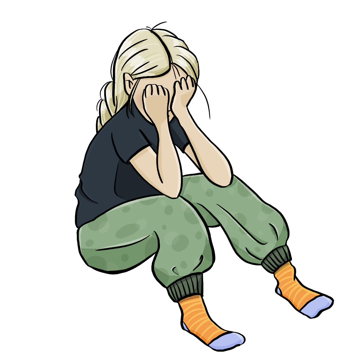 Ein Mädchen sitzt auf dem Boden. Sie hat das Gesicht mit den Händen verdeckt.