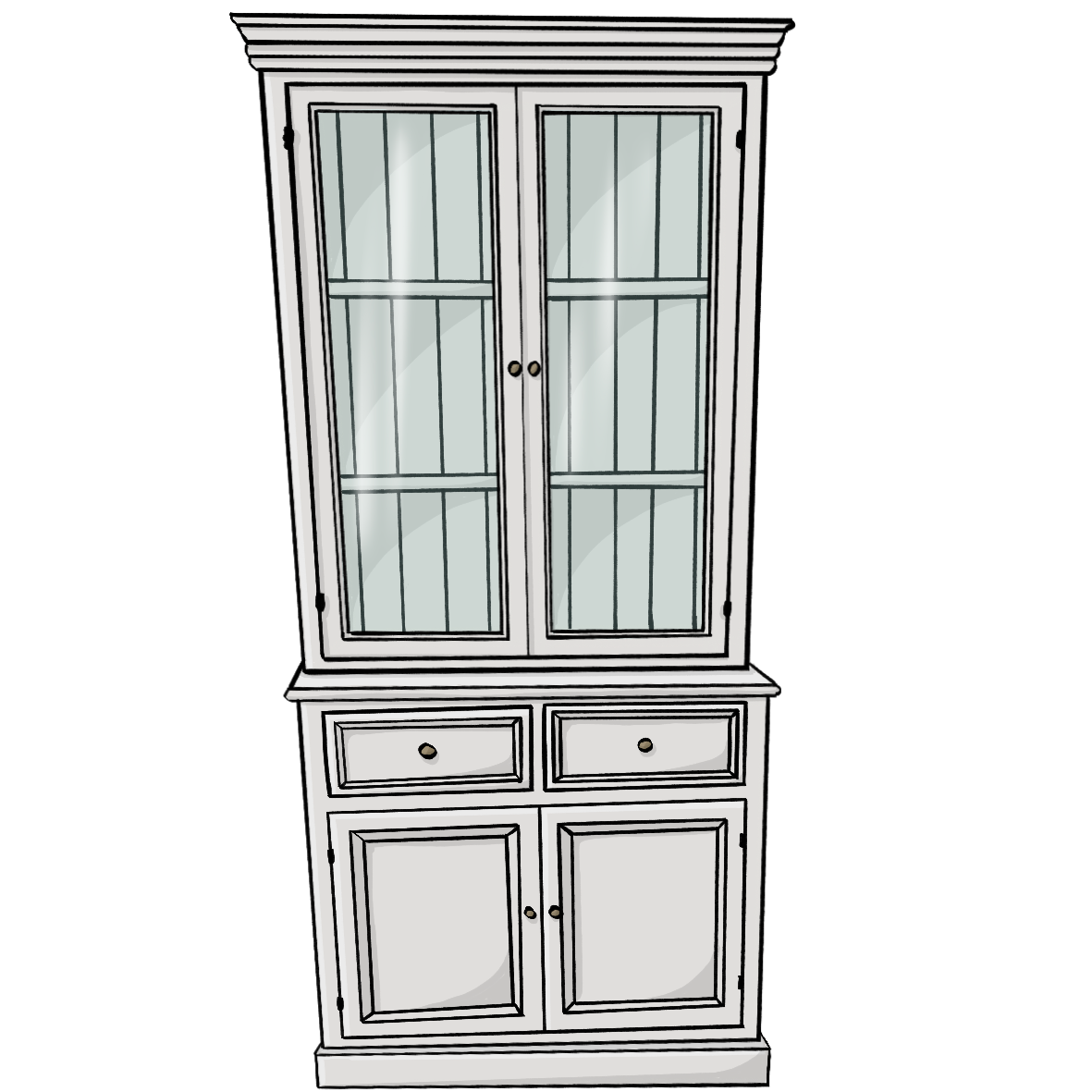 Eine hohe Vitrine mit zwei Türen, zwei Schubladen und einem Aufbau mit zwei Glastüren.