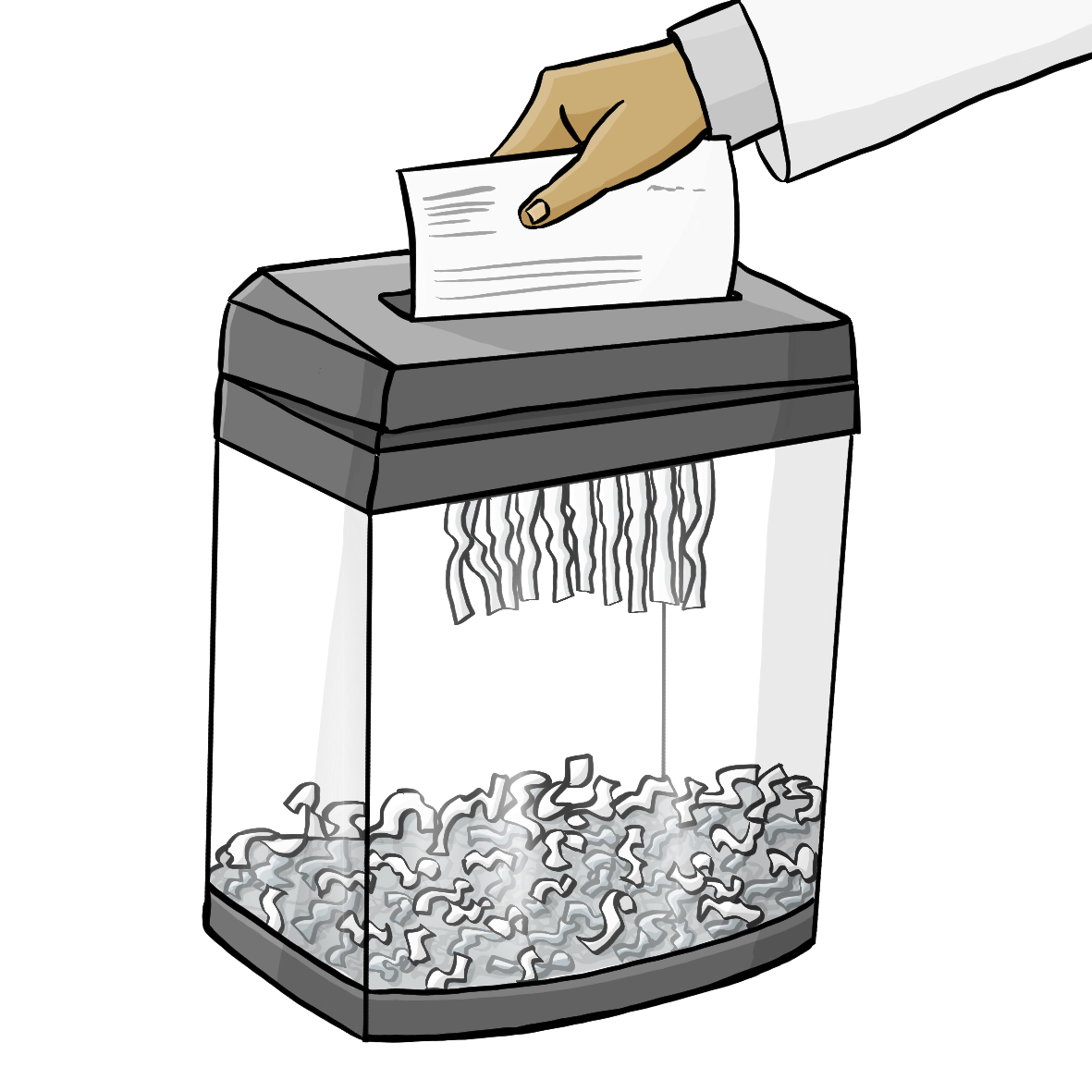 Eine Hand steckt Papiere in einen Schredder.