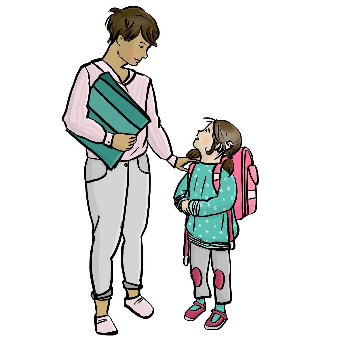 Ein Mädchen mit einem Schultornister und einem Cochlearimplantat schaut zu einer Frau hoch. Die Frau hält eine Mappe unter dem Arm und hat dem Mädchen eine Hand auf die Schulter gelegt.