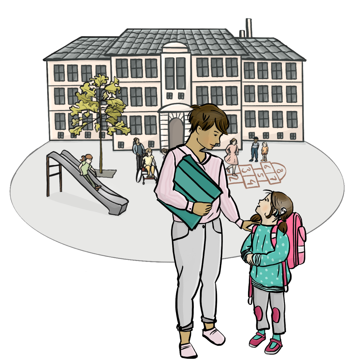 Ein Mädchen mit einem Schultornister und einem Cochlearimplantat schaut zu einer Frau hoch. Die Frau hält eine Mappe unter dem Arm und hat dem Mädchen eine Hand auf die Schulter gelegt. Im Hintergrund ist eine Schule mit Schulhof.