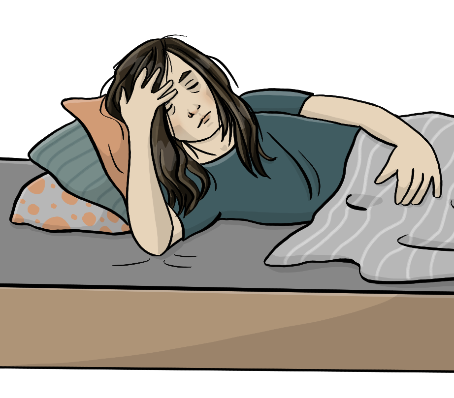 Eine Frau liegt im Bett. Sie hat die Augen geschlossen und hält die Hand an die Stirn.