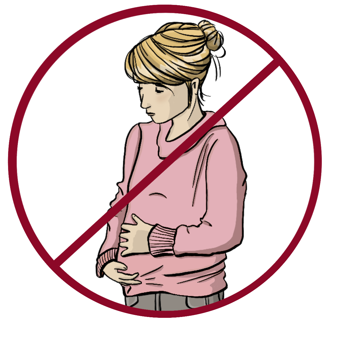 Eine Frau hält die Hand auf den leicht gerundeten Bauch. Das Bild ist durchgestrichen.