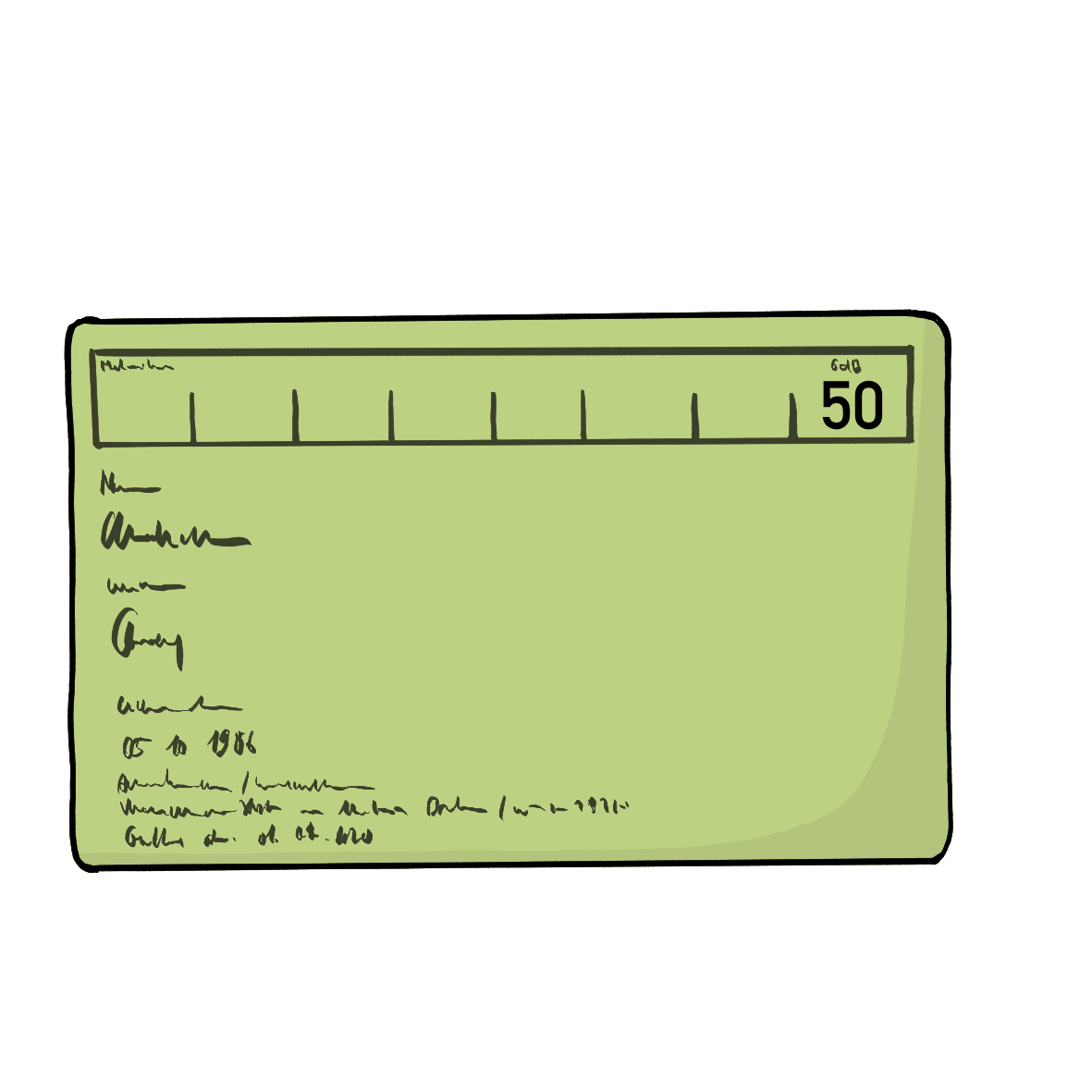 Ein grünes Kärtchen. In der rechten oberen Ecke steht die Zahl 50.