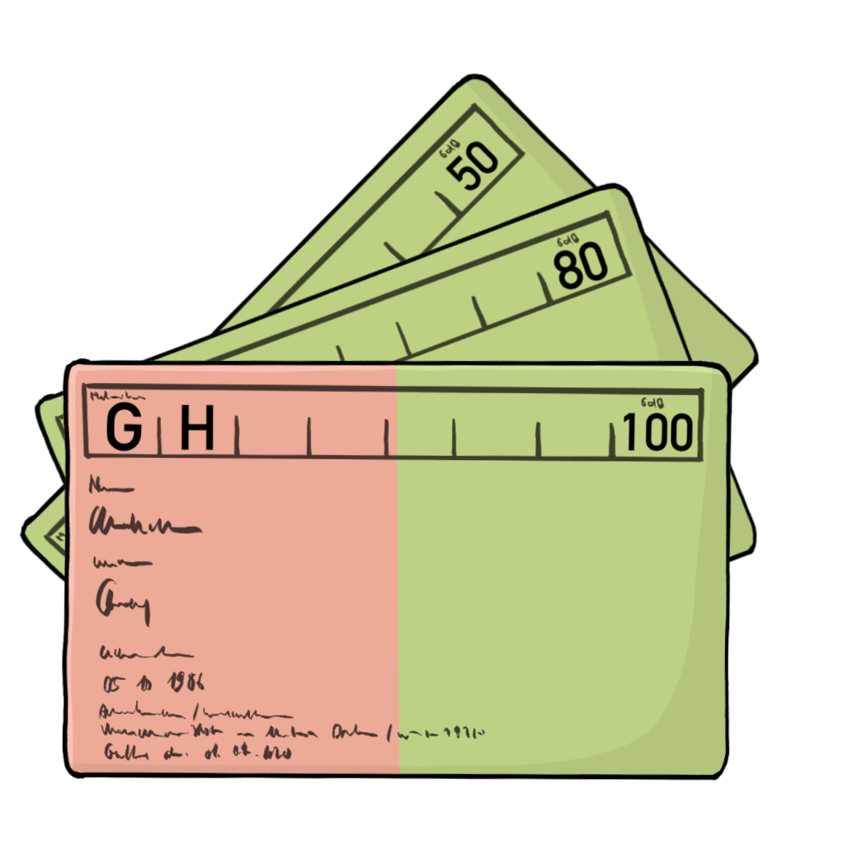 Ein grün-rotes Kärtchen. In der rechten oberen Ecke steht die Zahl 100. Hinter dem Kärtchen sind die Ecken von zwei anderen grünen Kärtchen mit den Zahlen 80 und 50.