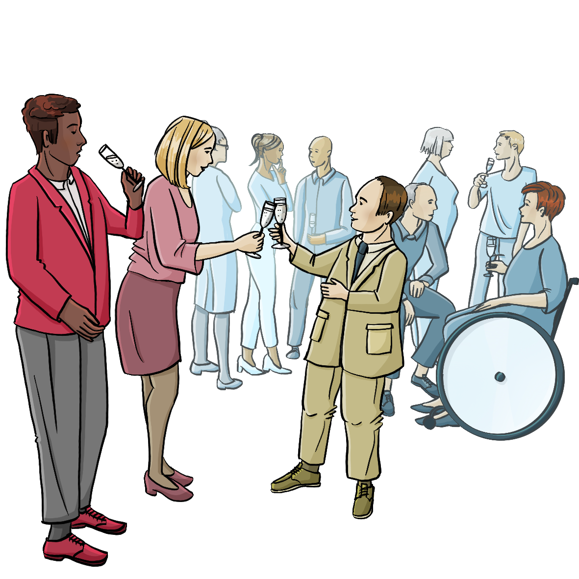 Menschen in förmlicher Kleidung stehen in Gruppen zusammen, einige haben Sektgläser in der Hand. Es sind Menschen mit verschiedenen Hautfarben, mit und ohne Behinderung. Eine Frau und ein kleinwüchsiger Mann stoßen mit ihren Gläsern an.