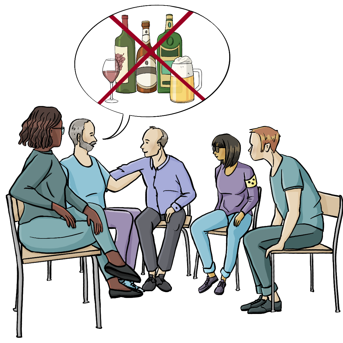 Eine Gruppe Menschen sitzt im Stuhlkreis zusammen. Alle sind einander zugewandt. Ein Mann legt den Arm um einen anderen Mann. Neben dem Mann ist eine Sprechblase mit durchgestrichenen Flaschen.