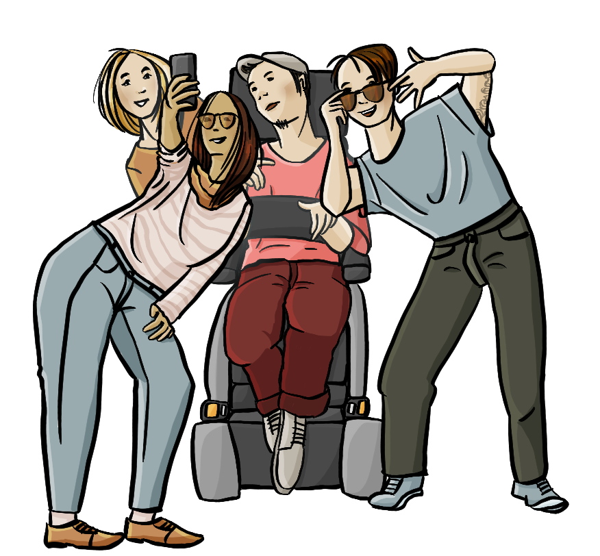 Eine junge Frau hält mit gestrecktem Arm ein Handy. Vier Junge Menschen stecken die Köpfe zusammen und schauen zu dem Handy. Einer von Ihnen sitzt in einem Elektrorollstuhl.