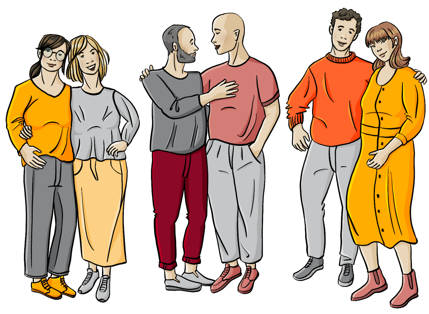 Drei Paare stehen nebeneinander: Das linke Paar sind zwei Frauen, das mittlere Paar sind zwei Männer, das rechte Paar sind ein Mann und eine Frau.