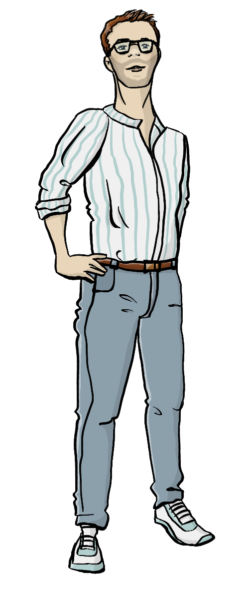 Ein Mann hat die Hände in die Hüften gestemmt. Er hält den Kopf hoch erhoben und lächelt.