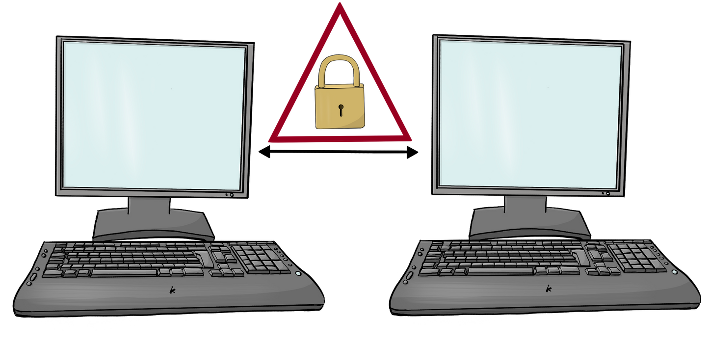 Zwei Computer. Zwischen den Computern ist ein Pfeil. Auf jeder Seite vom Pfeil ist eine Spitze. Über dem Pfeil ist ein Rotes Dreieck mit einem Vorhängeschloss.