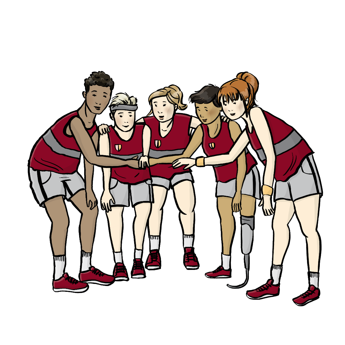 Jugendliche mit verschiedenen Hautfarben stehen in einem Kreis. Es sind Jugendliche mit und ohne Behinderung. Sie tragen alle das gleiche Trikot. Sie beugen sich nach vorn und Strecken die Hände zur Mitte.