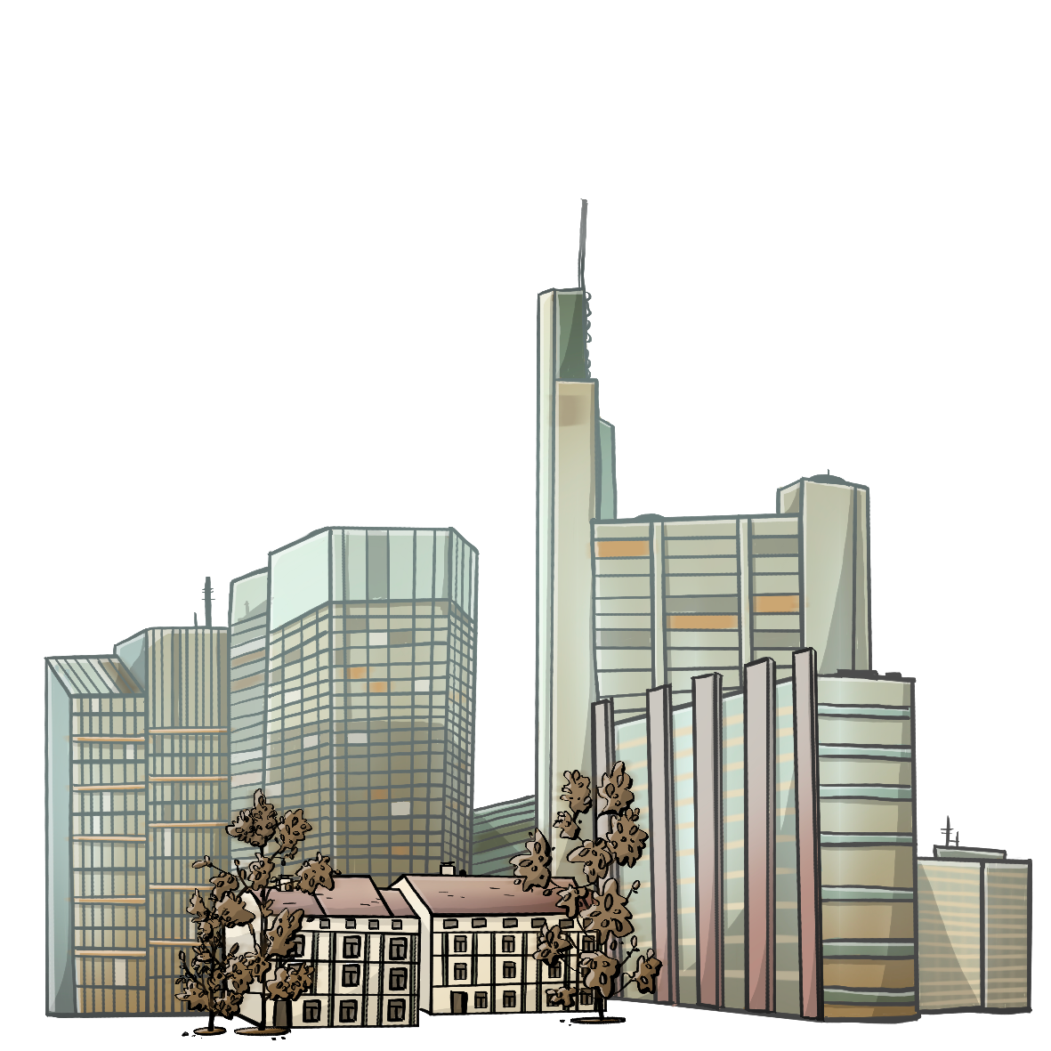 Eine Reihe von Hochhäusern. Im Vordergrund stehen kleinere Häuser und Bäume.