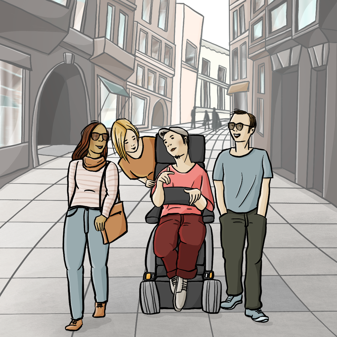 Eine Gruppe junger Leute läuft durch eine Fußgängerzone. Einer von ihnen sitzt in einem Elektrorollstuhl.