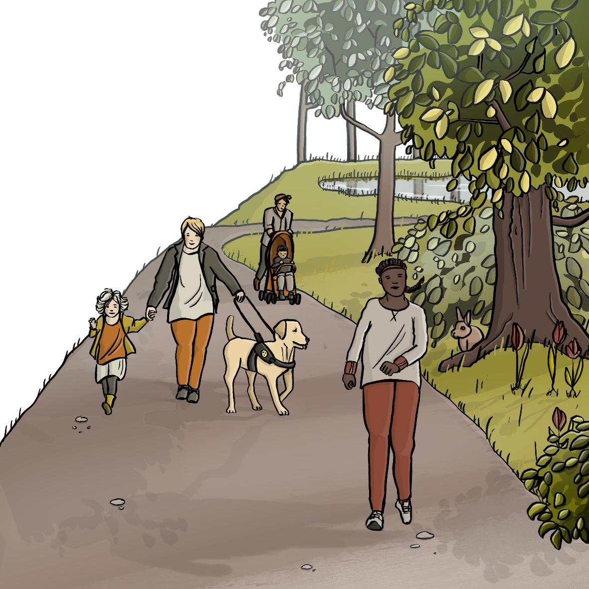 Menschen gehen im Park spazieren.