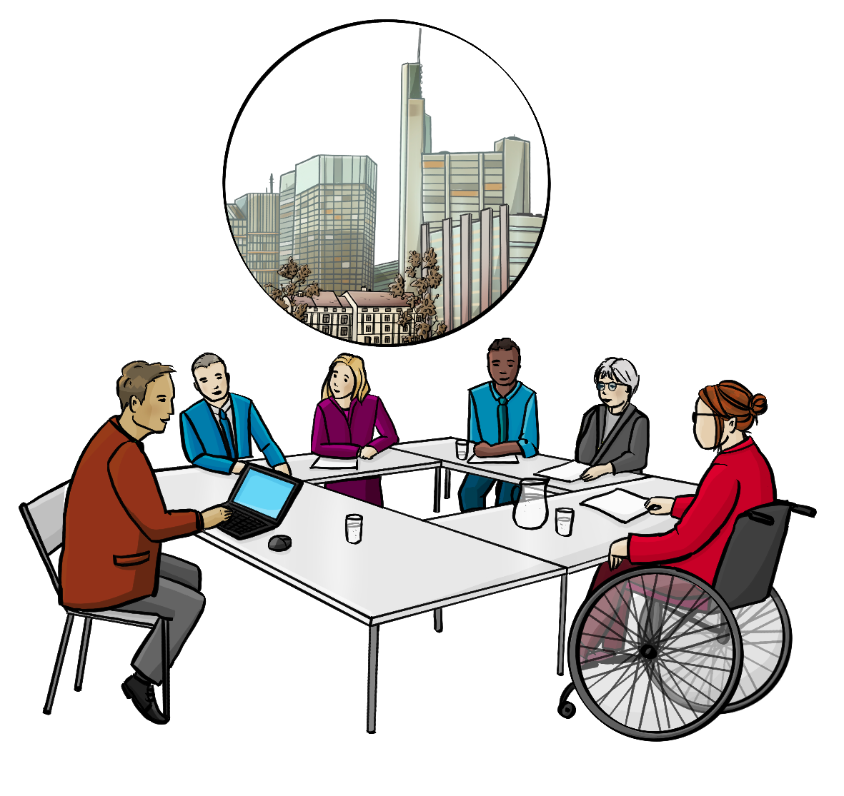 Menschen in Förmlicher Kleidung sitzen an einer Tischgruppe. Auf den Tischen sind Papiere, Laptops und Getränke. Über dem Bild ist ein Kreis mit dem Bild einer Stadt.