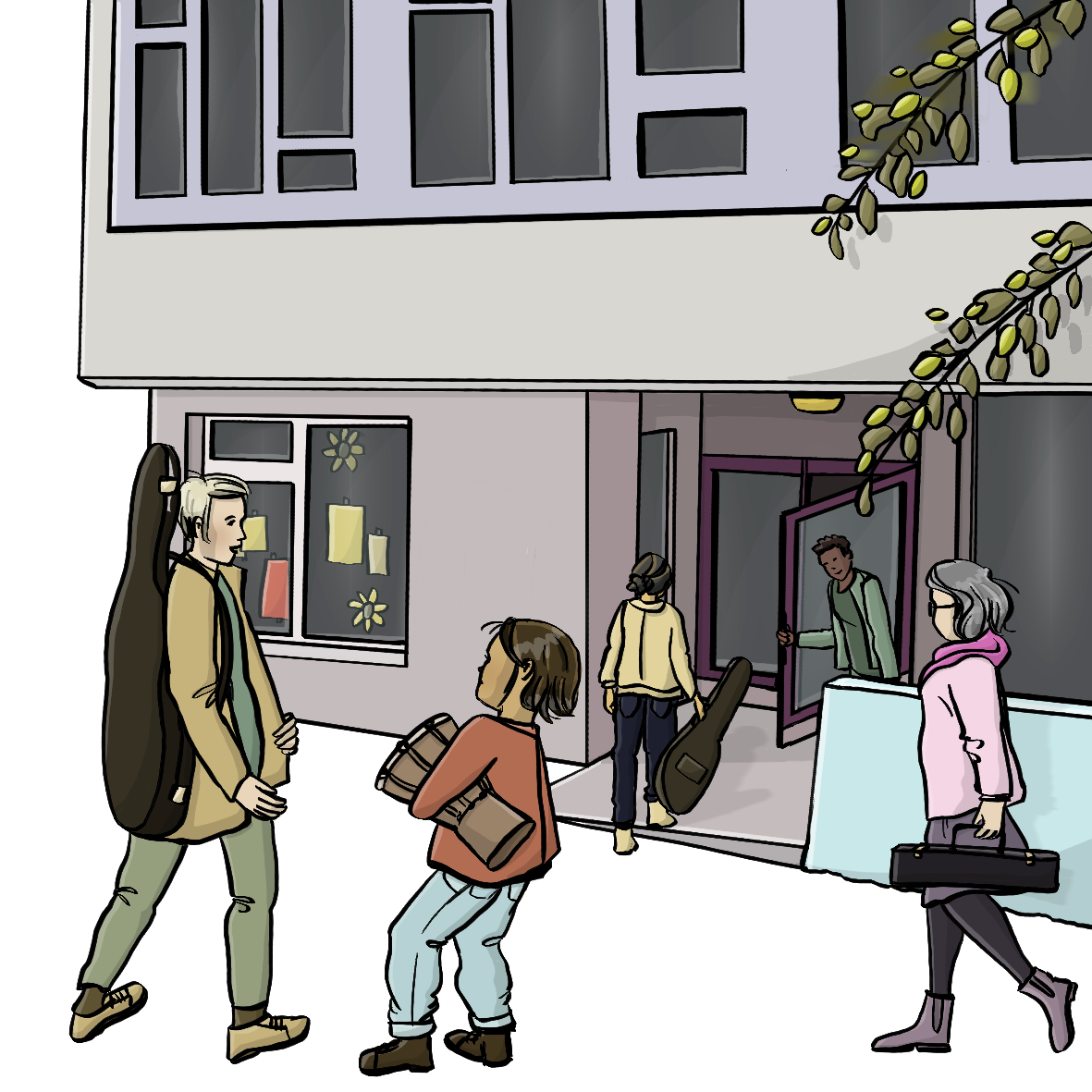 Menschen mit Musikinstrumenten gehen in ein Gebäude.