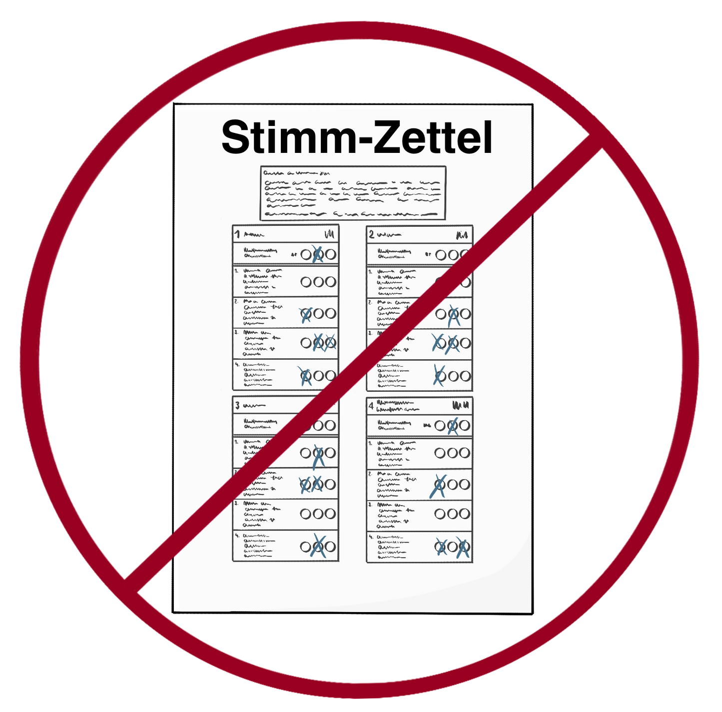 Ein Blatt mit der Aufschrift: Stimmzettel. Auf dem Zettel sind zwei Spalten mit Textkästchen und kreisen. In allen Zeilen sind mehrere Kreise angekreuzt. Das Bild ist durchgestrichen.