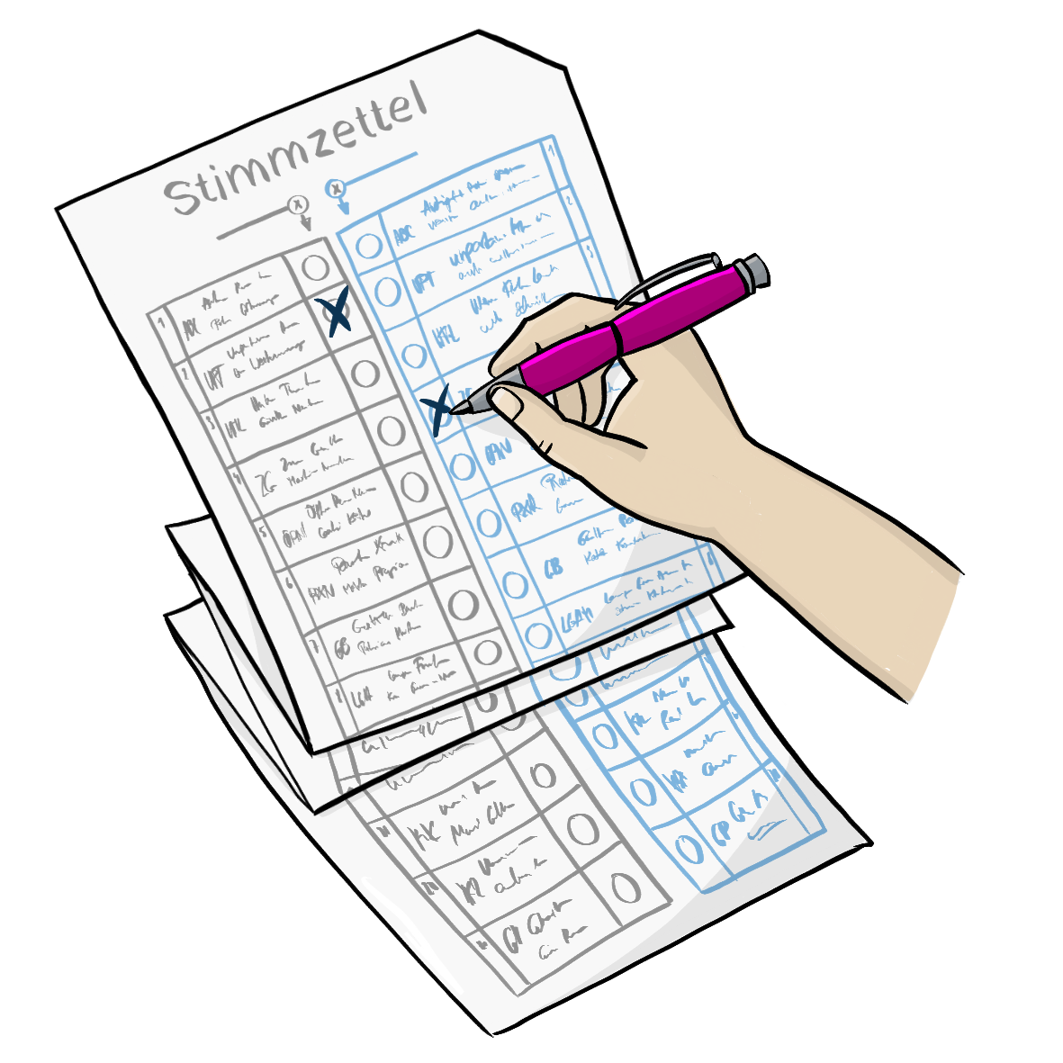 Eine Hand macht mit einem Kugelschreiber Kreuze auf einem Stimmzettel.