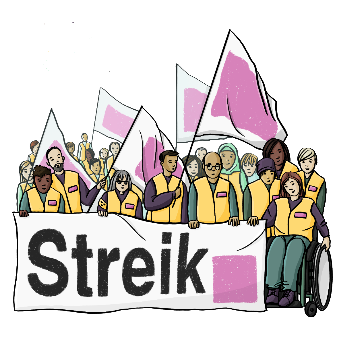 Eine Menschenmenge mit Fahnen. Alle tragen gelbe Westen. Die vordere Reihe hält ein großes Banner mit der Aufschrift: Streik.