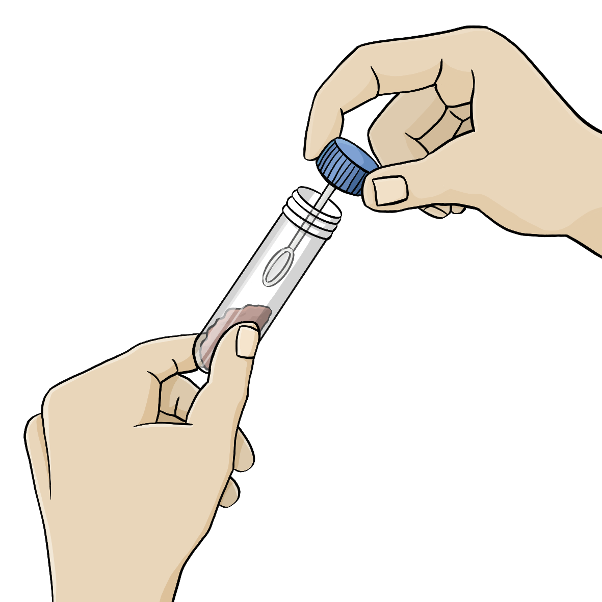 Zwei Hände halten ein Röhrchen mit Schraubdeckel. Am Deckel ist ein Löffel befestigt, unten im Röhrchen ist eine braune Substanz.