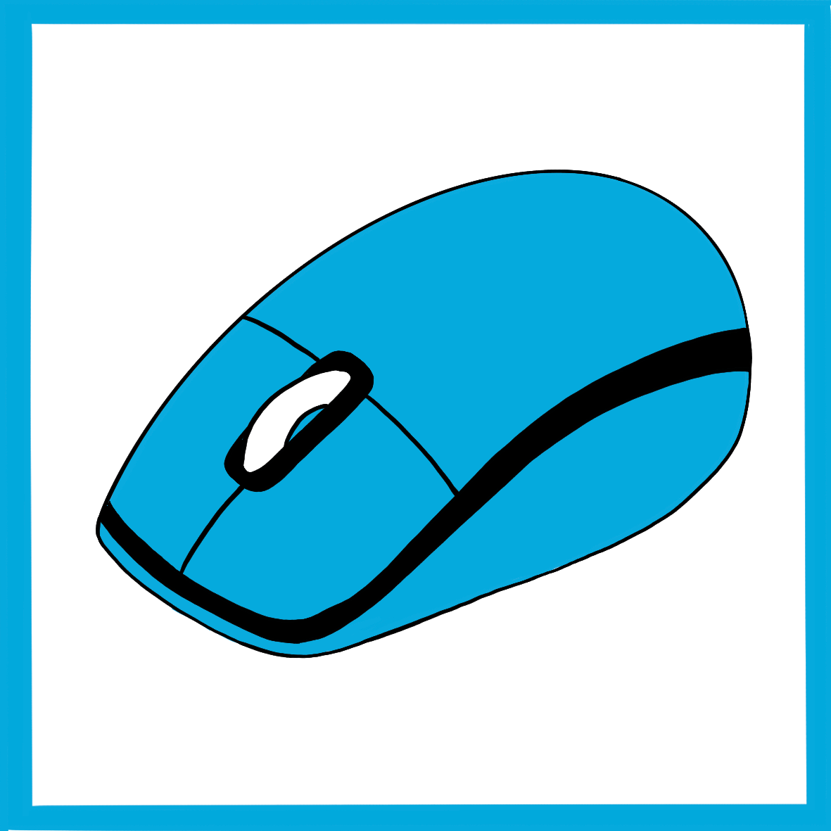 Eine hellblaue Computermaus. Das Bild hat einen hellblauen Rahmen.