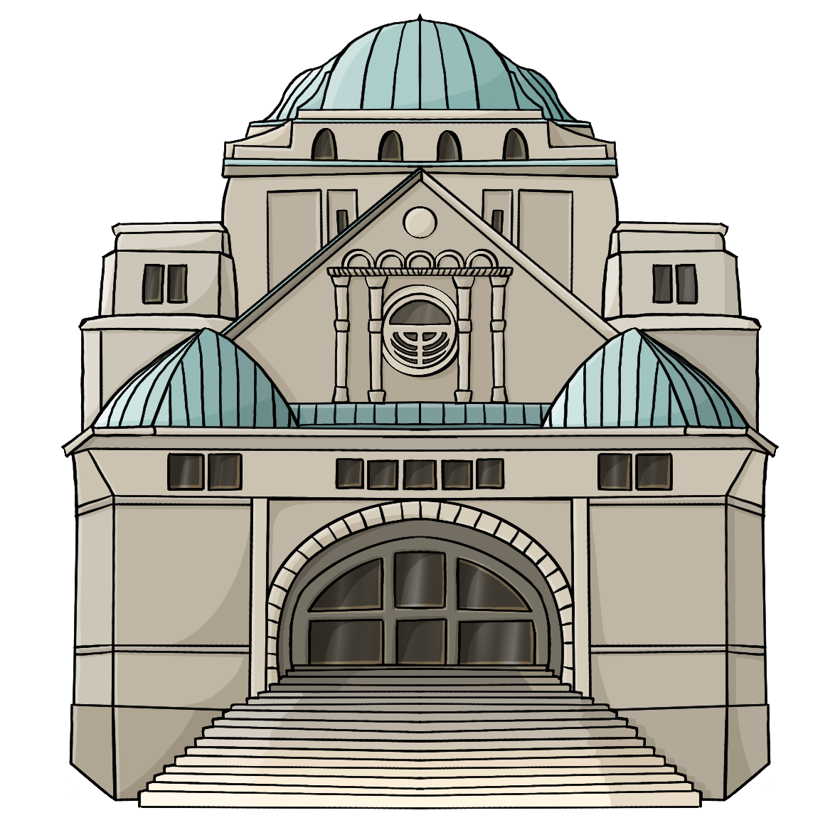Ein Gebäude mit Kuppeldach und breiter Treppe. Über dem Eingang ist ein Fenster mit Verzierungen in Form eines siebenarmigen Leuchters.