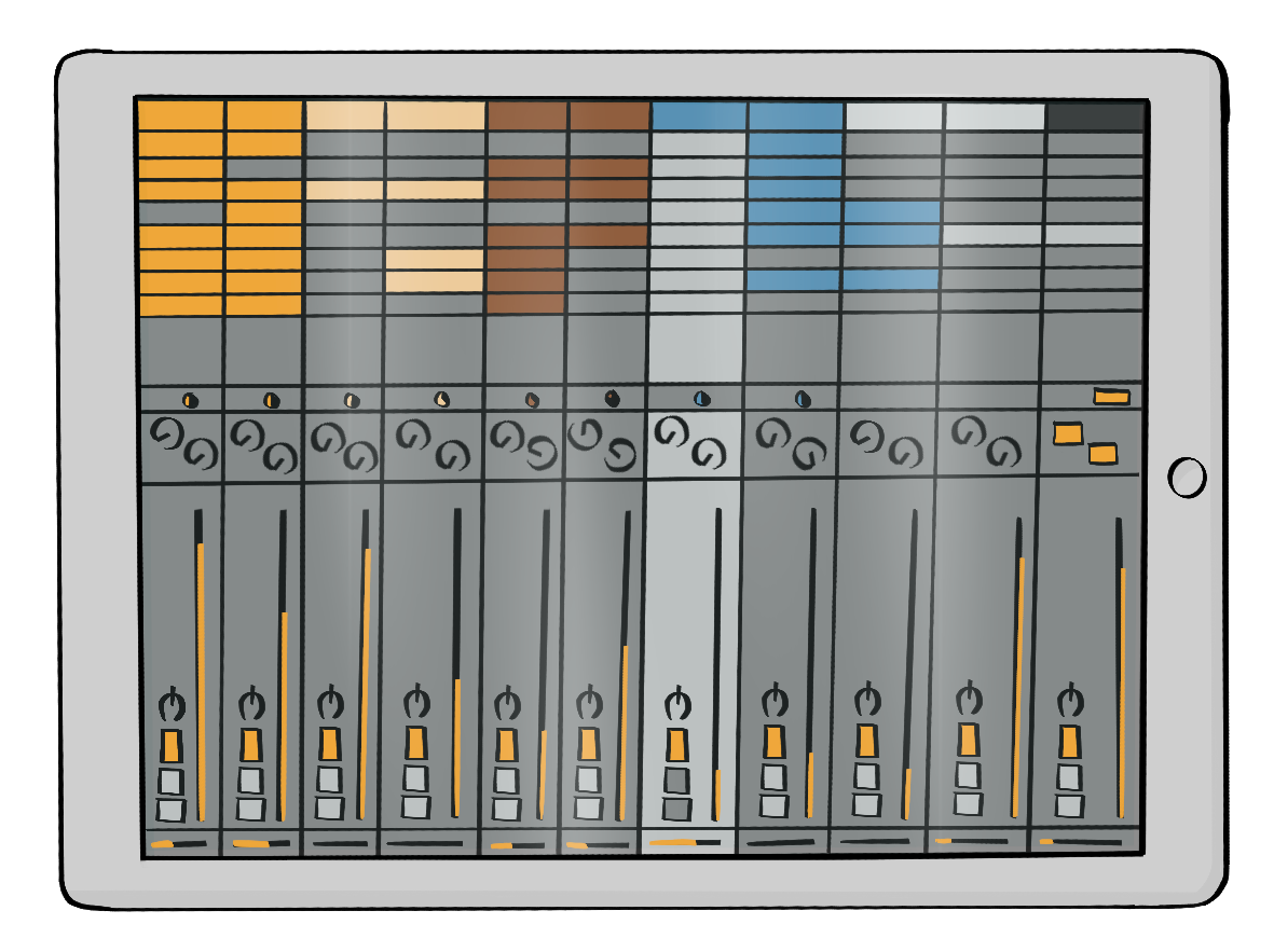 Ein Tablet. Auf dem Bildschirm sind viele Regler für verschiedene Musikspuren.