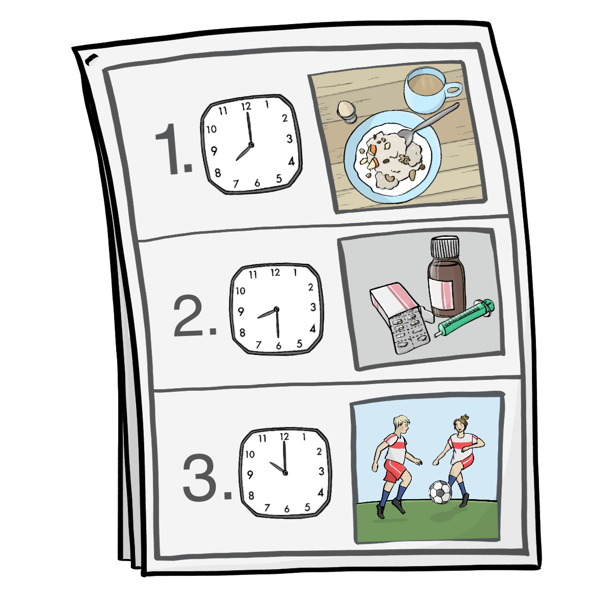 Eine Liste mit drei Zeilen. In der ersten Zeile ist die Zahl 1, eine Uhr die 8 Uhr anzeigt und ein Bild von einem Frühstück. In der zweiten Zeile ist die Zahl 2, eine Uhr, die halb 9 anzeigt, und ein Bild von Medikamenten. In der dritten Zeile ist die Zahl 3, eine Uhr, die 10 Uhr anzeigt und ein Bild von zwei Menschen, die Fußball spielen.