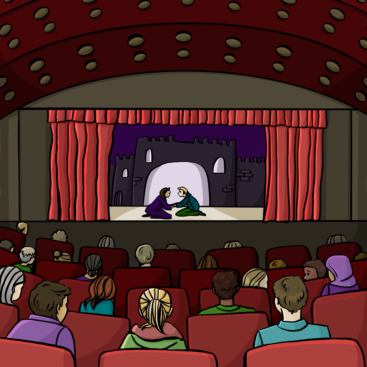 Eine Bühne mit einem roten Vorhang. Auf der Bühne sind ein Mann und eine Frau in mittelalterlichen Kostümen. Sie knien und halten sich an den Händen. Vor der Bühne sitzen Menschen in Sitzreihen.