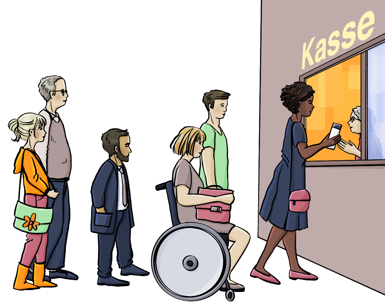 Menschen stehen in einer Reihe vor einem Kassenhäuschen.