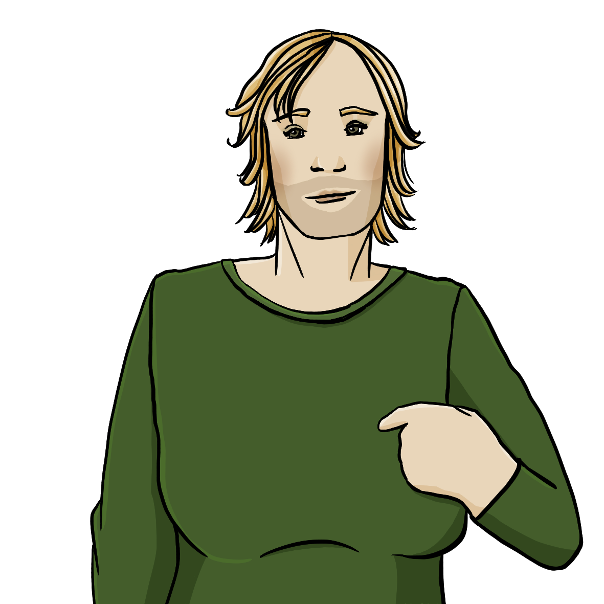 Eine Person mit halblangen Haaren, langen Wimpern und Dreitagebart. Die Person zeigt auf sich.