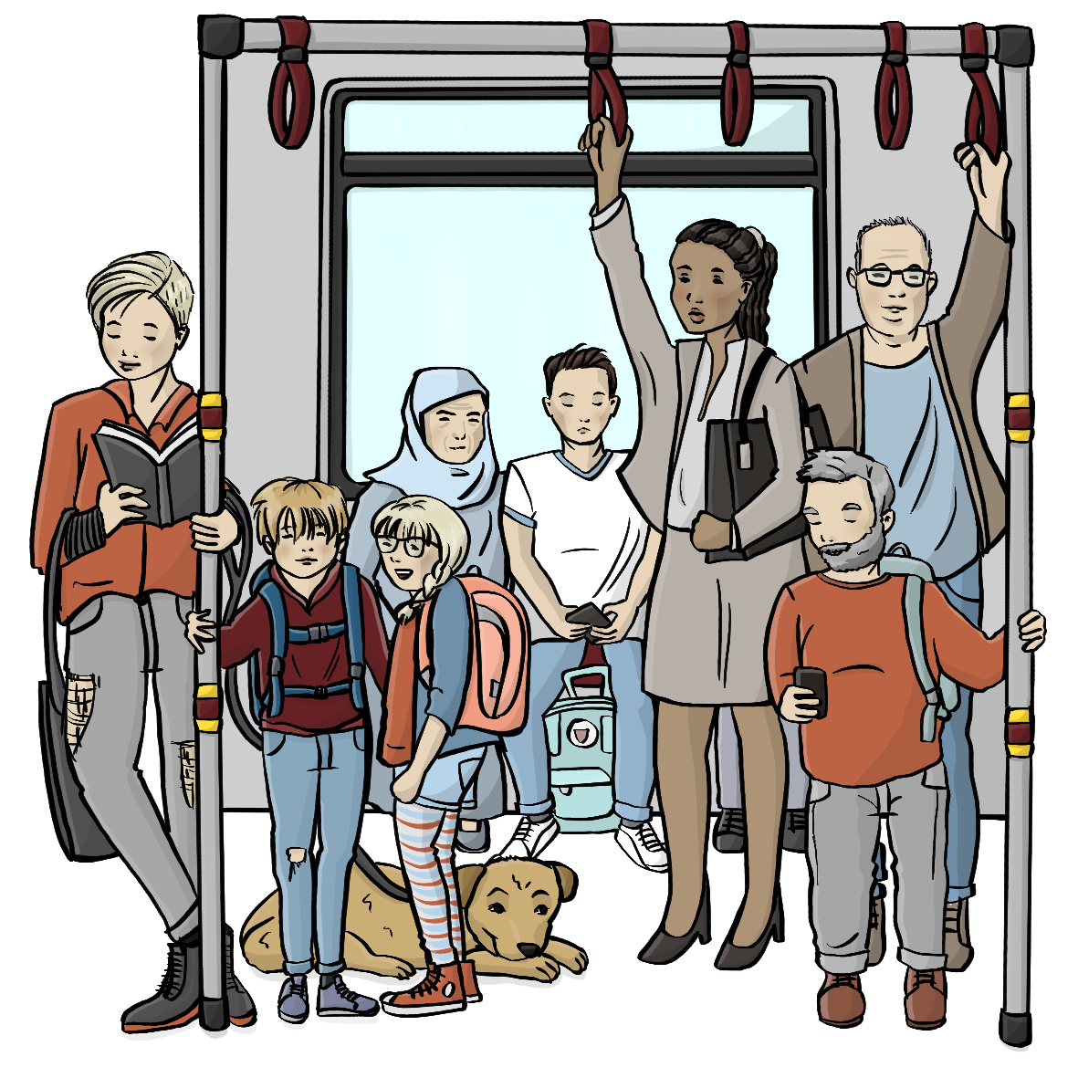 Eine U-Bahn von innen. Viele Menschen sitzen oder stehen gedrängt und halten sich an den Haltegriffen fest.