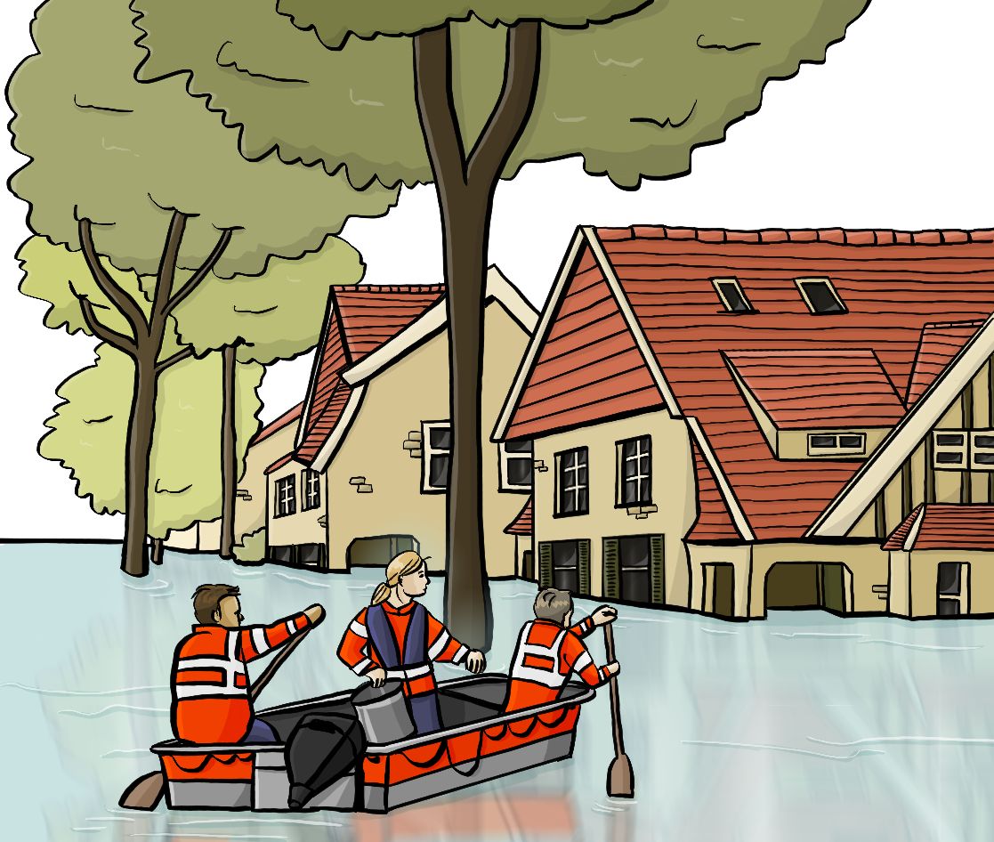 Häuser und Bäume, die bis zur Hälfte von Wasser bedeckt sind. Menschen in roten Jacken und Schwimmwesten fahren in einem Rettungsboot auf dem Wasser.