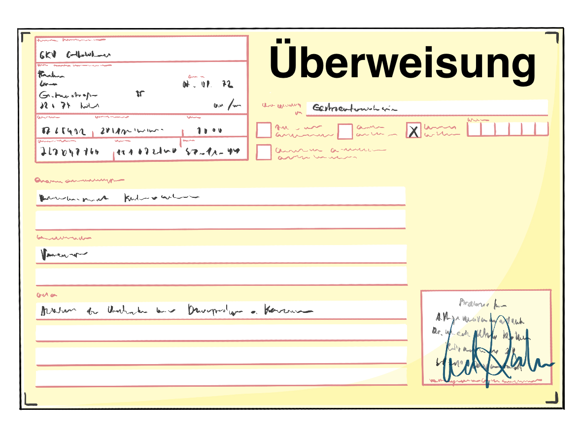 Ein gelber Zettel mit der Aufschrift: Überweisung. Auf dem Zettel sind verschiedene weiße Felder mit nicht lesbarer Schrift.