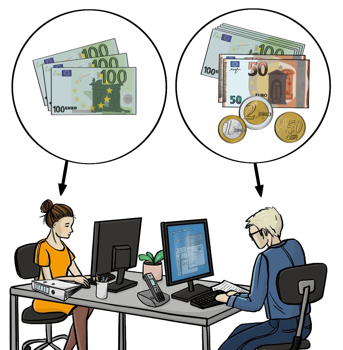 Ein Mann und eine Frau sitzen sich an Schreibtischen gegenüber und arbeiten am Computer. Über der Frau ist ein Kreis mit Geld. Ein Pfeil zeigt von dem Geld auf die Frau. Über dem Mann ist ein Kreis mit mehr Geld. Ein Pfeil zeigt von dem Geld auf den Mann.