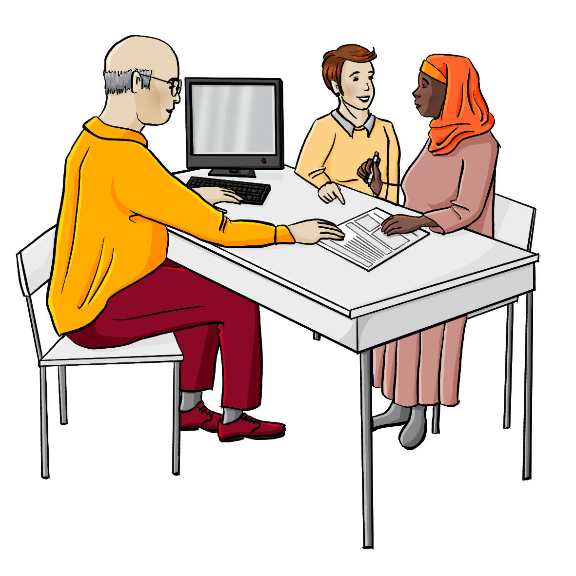 Ein Mann sitzt an einem Schreibtisch. Ihm gegenüber sitzen zwei Frauen, sie sind einander zugewandt. Eine von ihnen trägt ein Kopftuch. Auf dem Schreibtisch sind ein Computer und ein Formular. Ein Mann sitzt an einem Schreibtisch. Ihm gegenüber sitzen zwei Frauen, sie sind einander zugewandt. Eine von ihnen trägt ein Kopftuch. Sie hält einen Kugelschreiber in der Hand. Auf dem Schreibtisch sind ein Computer und ein Formular.