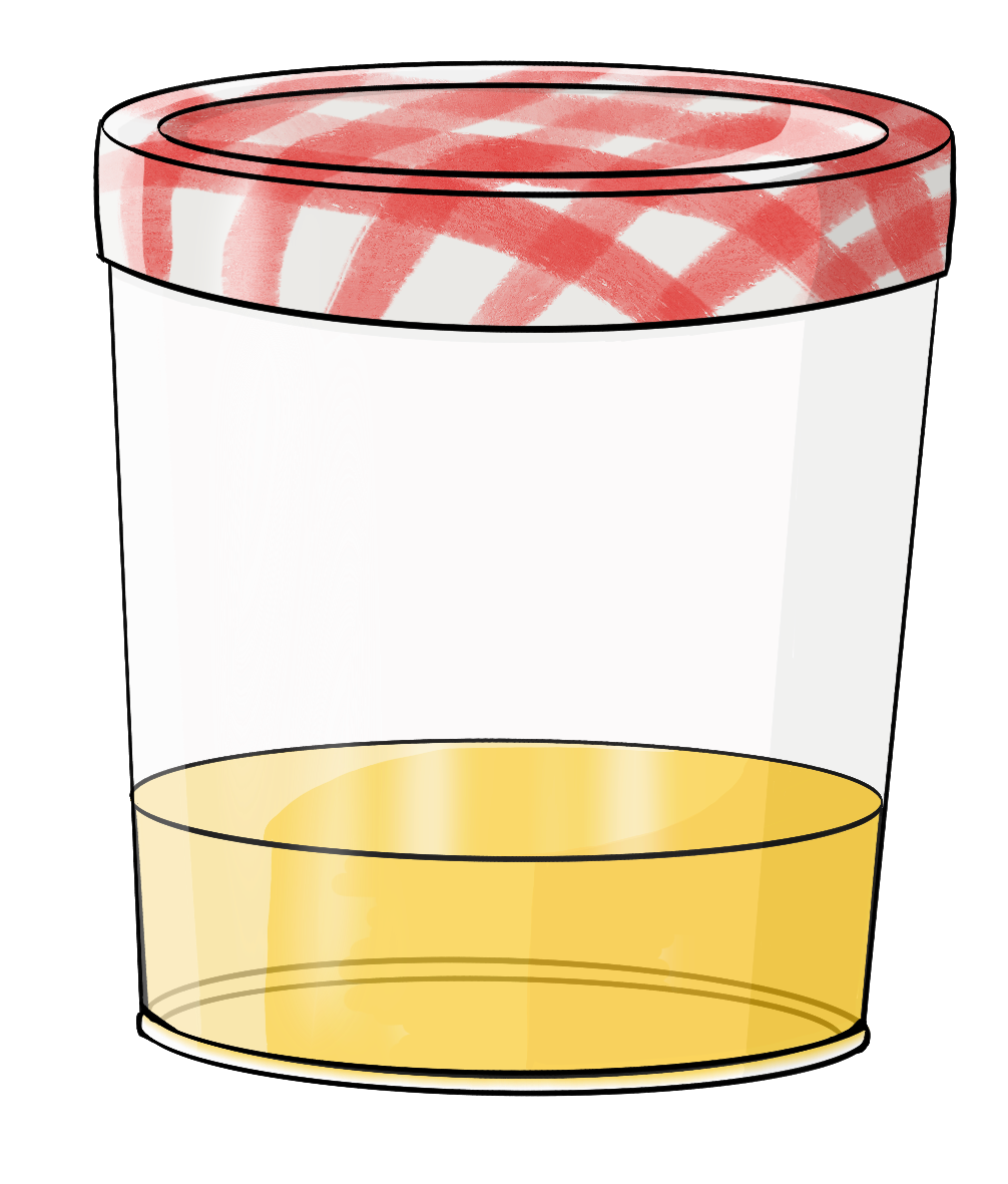 Ein zugeschraubtes Glas mit rotem Deckel. In dem Glas ist eine gelbe Flüssigkeit.