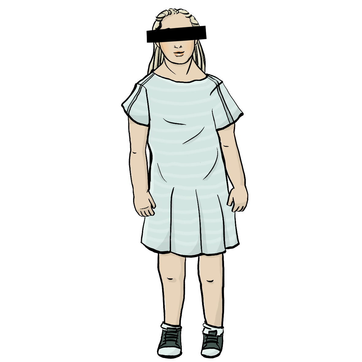 Eine Frau. Über ihren Augen ist ein schwarzer Balken.