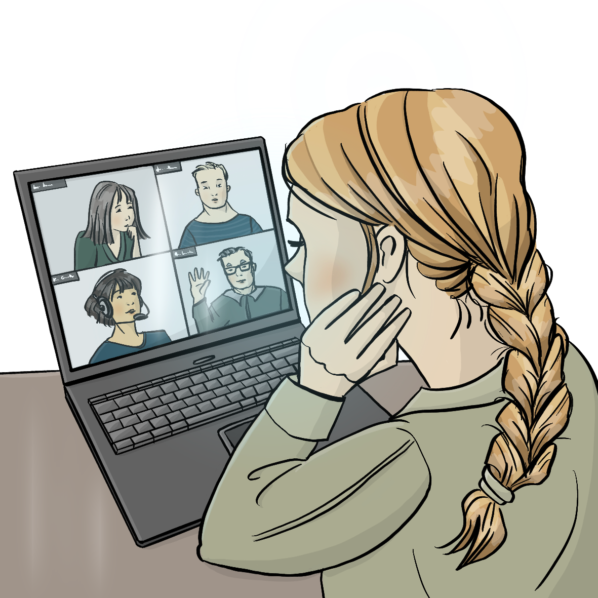 Eine Frau sitzt am Schreibtisch vor einem Laptop. Auf dem Bildschirm sind vier Gesichter.