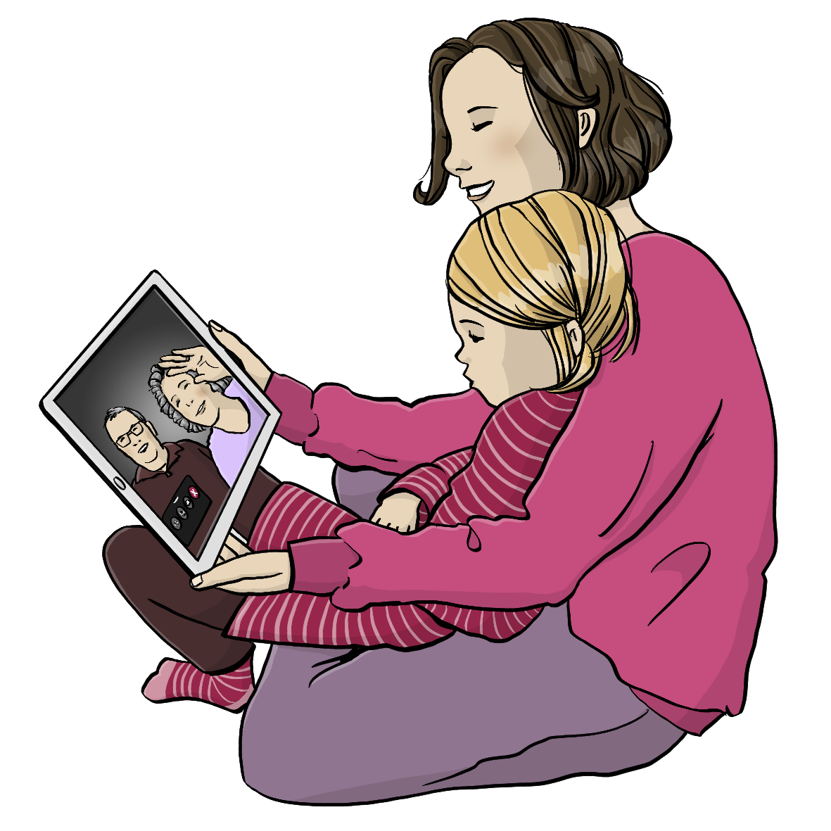 Eine Frau sitzt auf dem Boden mit einem Mädchen auf dem Schoß. Sie hält ein Tablet in der Hand. Auf dem Bildschirm winken ein älterer Mann und eine ältere Frau.