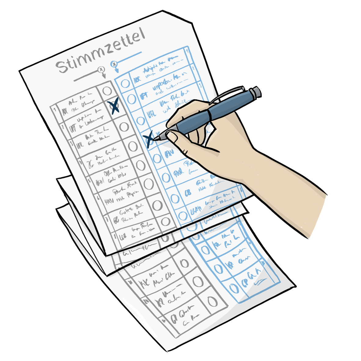 Eine Hand macht mit einem Kugelschreiber Kreuze auf einem Stimmzettel.