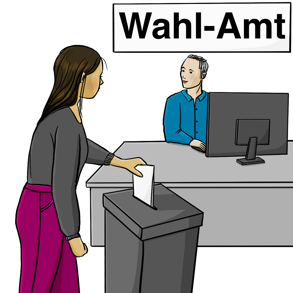 Ein Mann sitzt hinter einem Schreibtisch. Über ihm hängt ein Schild mit der Aufschrift: Wahl-Amt. Vor dem Schreibtisch steht ein Behälter. Eine Frau steckt einen Zettel in den Behälter.