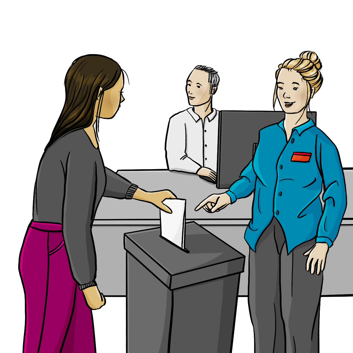 Eine Frau zeigt auf einen Wahlbehälter. Eine andere Frau steckt einen Zettel in den Behälter. Im Hintergrund sitzt ein Mann am Schreibtisch.