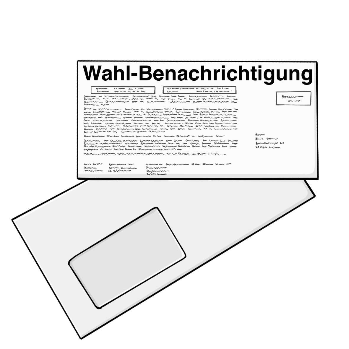 Eine Karte mit der Aufschrift: Wahlbenachrichtigung liegt auf einem Briefumschlag mit Sichtfenster. Das Wort Wahlbenachrichtigung ist mit einem Bindestrich getrennt.