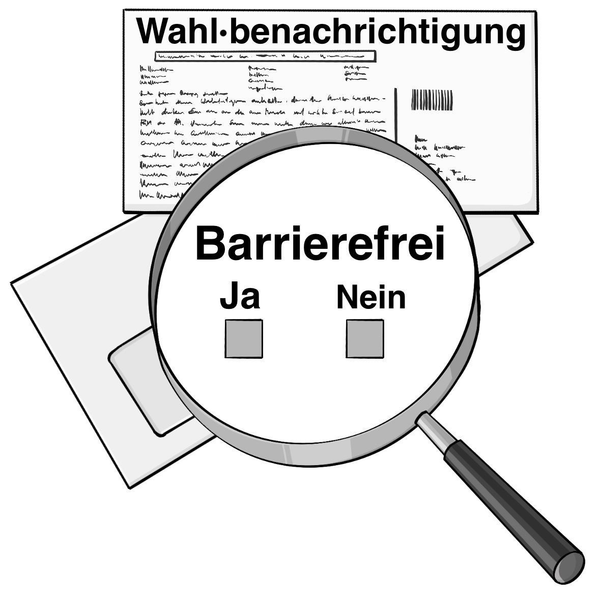 Eine Karte mit der Aufschrift: Wahlbenachrichtigung liegt auf einem Briefumschlag. Über der Karte ist eine Lupe mit dem Text: Barrierefrei. Darunter steht ja, nein und zwei graue Kästchen.