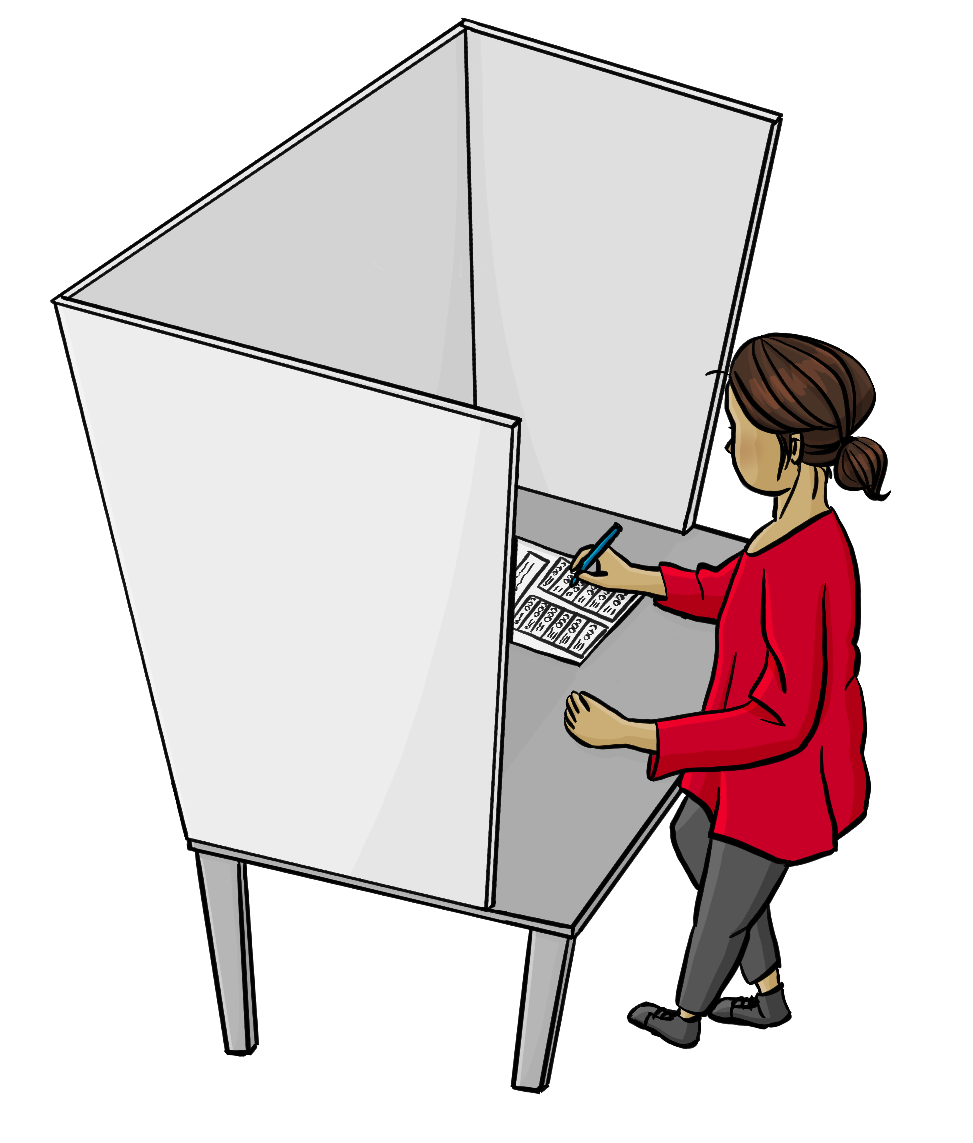 Eine Frau steht an einem Tisch hinter einem Sichtschutz und macht Kreuze auf einem Stimmzettel.