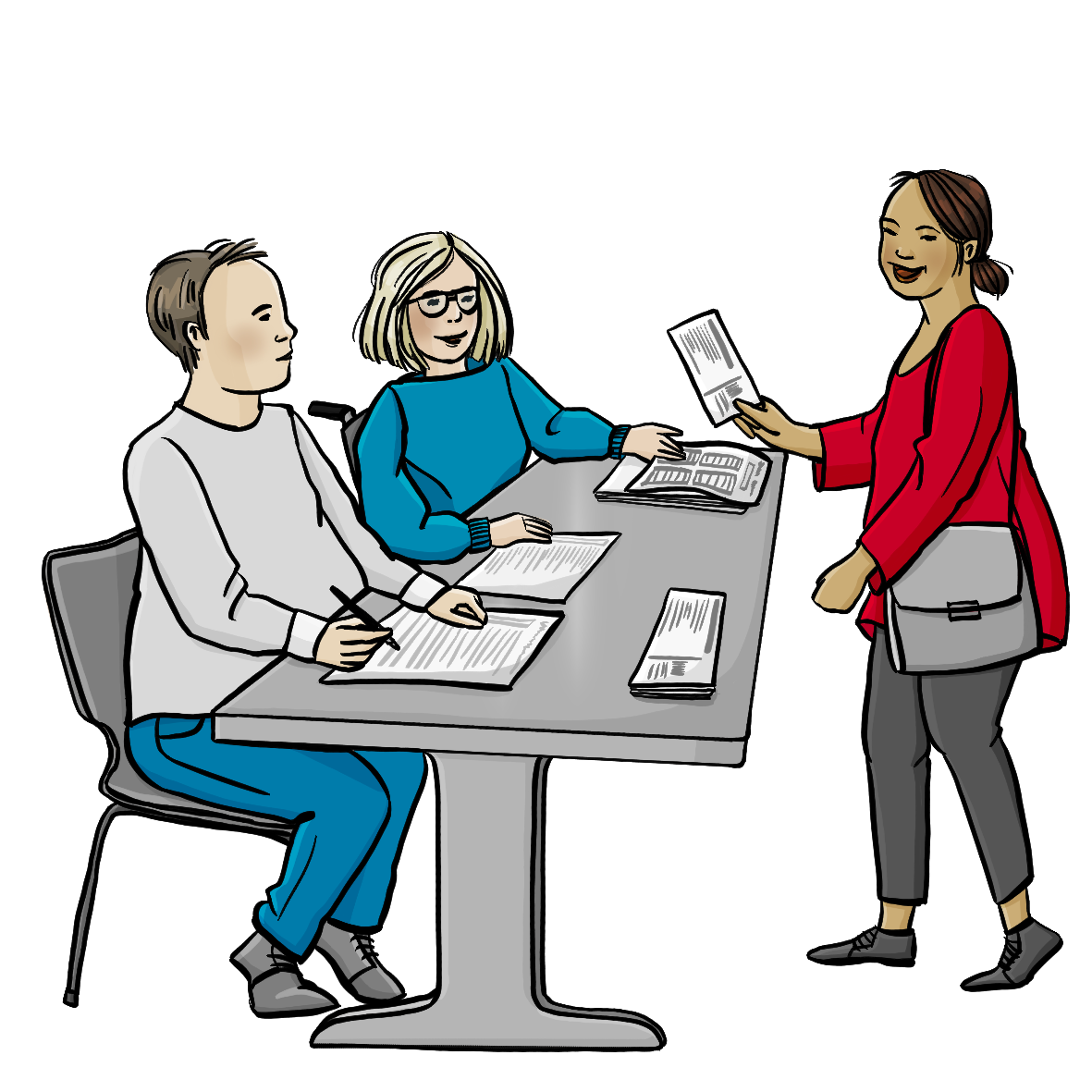 Ein Mann und eine Frau sitzen an einem Tisch. Auf dem Tisch liegen Papiere. Eine Frau steht vor dem Tisch, sie hält einen Zettel in der Hand.