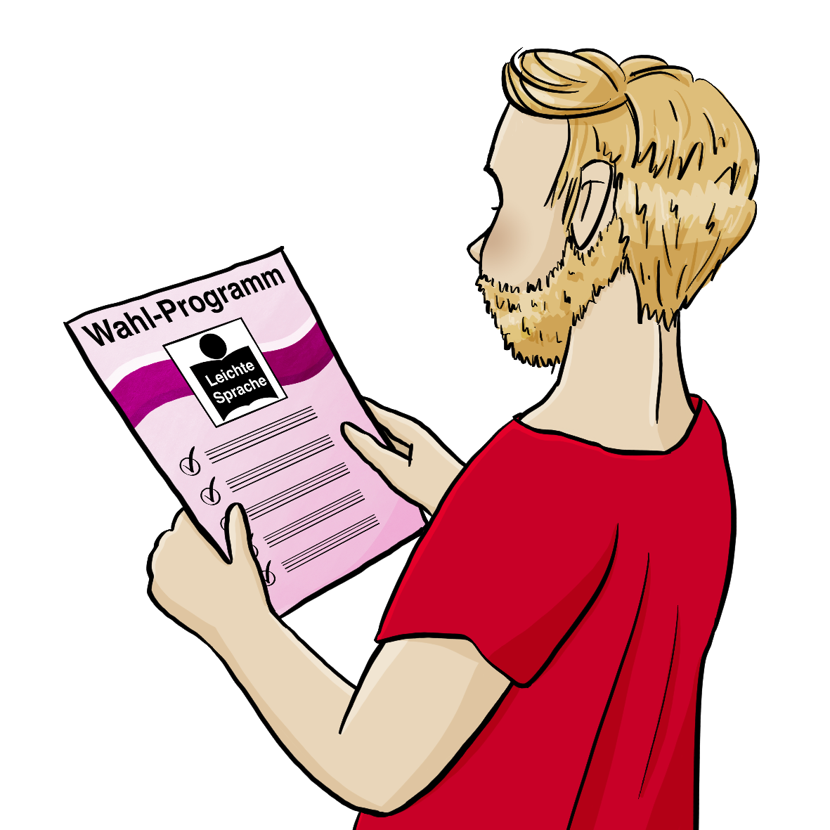 Ein Mann hält einen Zettel mit der Aufschrift: Wahlprogramm in den Händen.